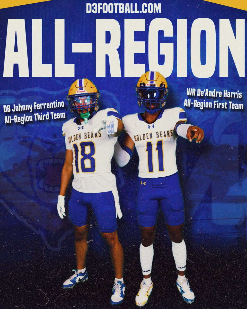 All-Region🏅‼️

Congratulations to WR De’Andre Harris, and DB Johnny Ferrentino on making the D3Football.com All-Region Teams 👏 #AlwaysOn #RollGBears