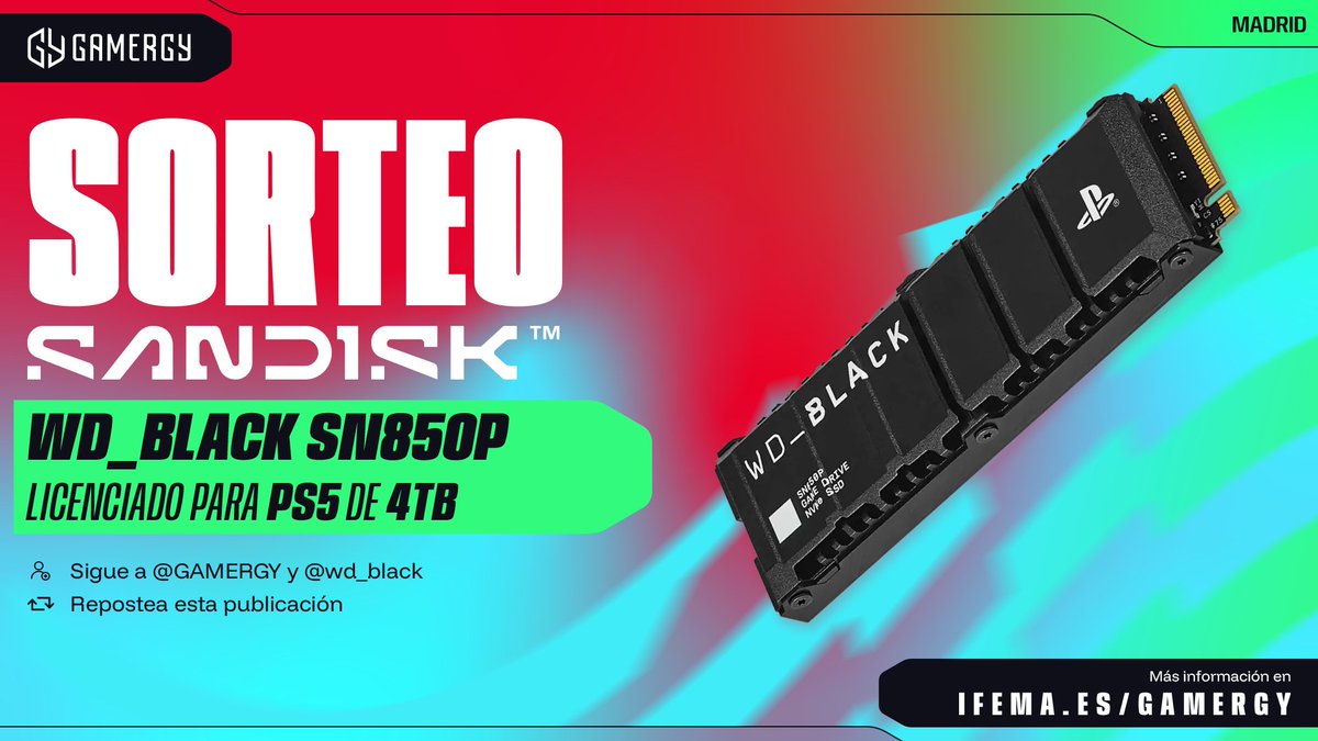 GAMERGY's tweet image. 🎁 Te traemos un 𝗦𝗢𝗥𝗧𝗘𝗢 junto a Sandisk 🎁

¡Llévate un WD_BLACK SN850P licenciado para PS5 de 4TB! Para participar:

1️⃣ Sigue a @GAMERGY y @wd_black
2️⃣ Dale RT a este post

⏳ ¡El premio se entregará el 14 de diciembre en su stand de #GAMERGY2025!
