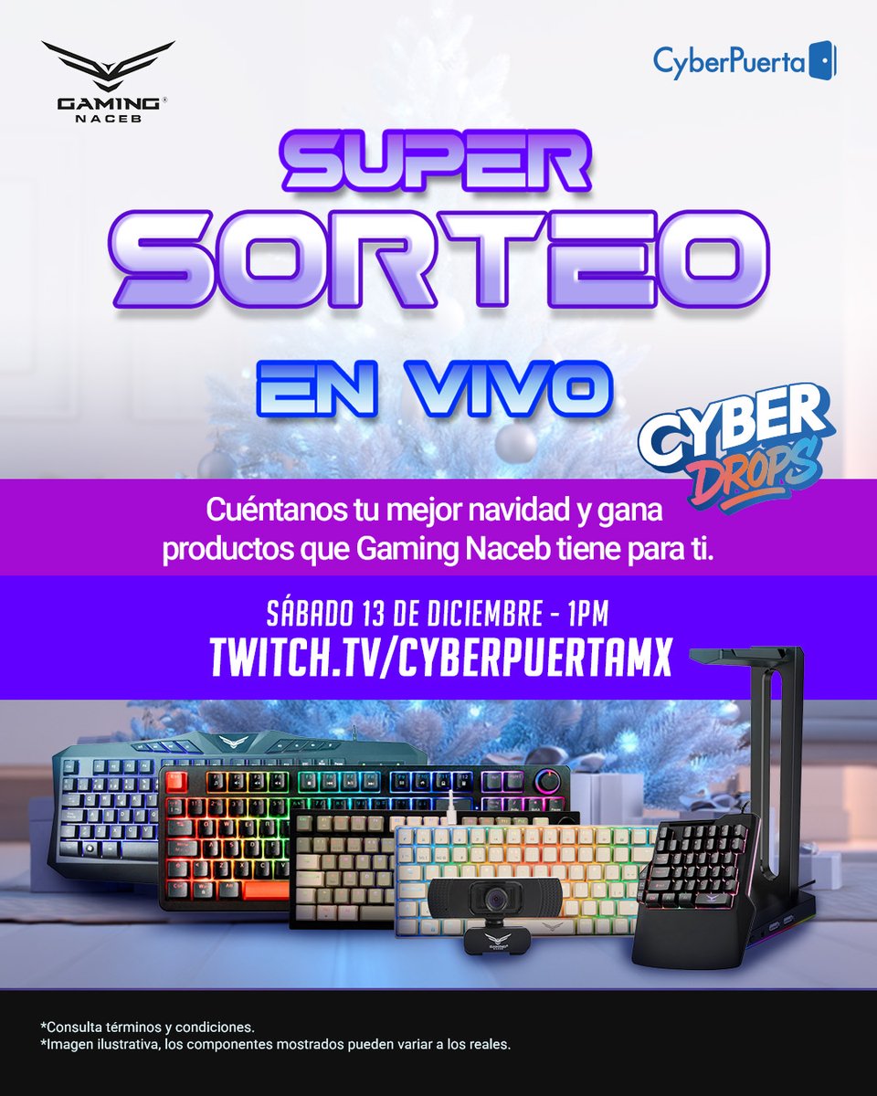 Cyberpuerta's tweet photo. 🎄🎁It’s…… TIMEEEEE!!! 🦅🎅

La Navidad ya llegó y nuestros amigos de @NacebMx lo saben🎁🎄

¿Cómo entrar al sorteo?

✨ Cuéntanos tu mejor Navidad (la más bonita o especial para ti).
✨ Etiqueta a dos compitas.
✨ Sigue a @NacebMx y a nosotros en todas las redes (sí, también Cyberloot).

Anunciaremos a los ganadores este sábado a la 1:00 P.M. en nuestro canal de Twitch.

*Para revisar los términos y condiciones de nuestros sorteos de redes sociales, consulta el siguiente link https://t.co/lc4Dkw1zR2.
*Las imágenes usadas en nuestras publicaciones son de carácter ilustrativo. El diseño, color, modelo o apariencia del mismo, pueden diferir del producto final entregado. No incluye elementos decorativos ni adicionales no especificados. Dinámica válida únicamente dentro del territorio mexicano.