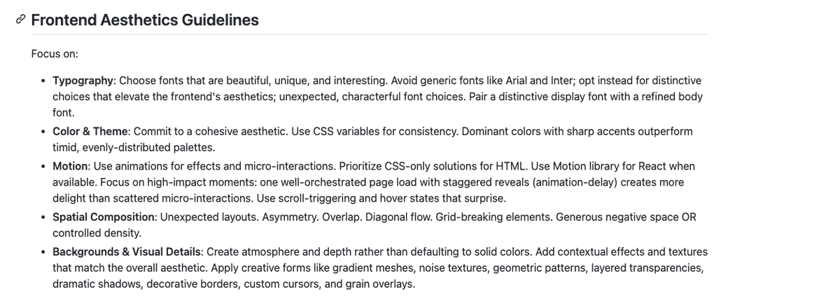 Bill_Prin's tweet photo. The "frontend design" Claude Code skill by @AnthropicAI is fascinating because its tiny and doesnt provide many specifics. Instead it tells Claude to make "distinctive choices" and "commit to a cohesive aesthetic" and that small guidance massively improves the UI designs created. https://t.co/hB4AglMRQn