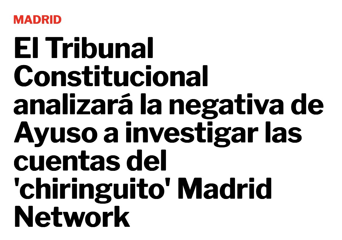‼️Hemos pedido amparo al Constitucional ante el bloqueo del Gobierno del PP para investigar Madrid Network, el chiringuito en el que Ayuso tuvo su primer empleo.

70 millones de dinero público que no sabemos dónde han ido a parar.

👉🏼elplural.com/autonomias/mad…