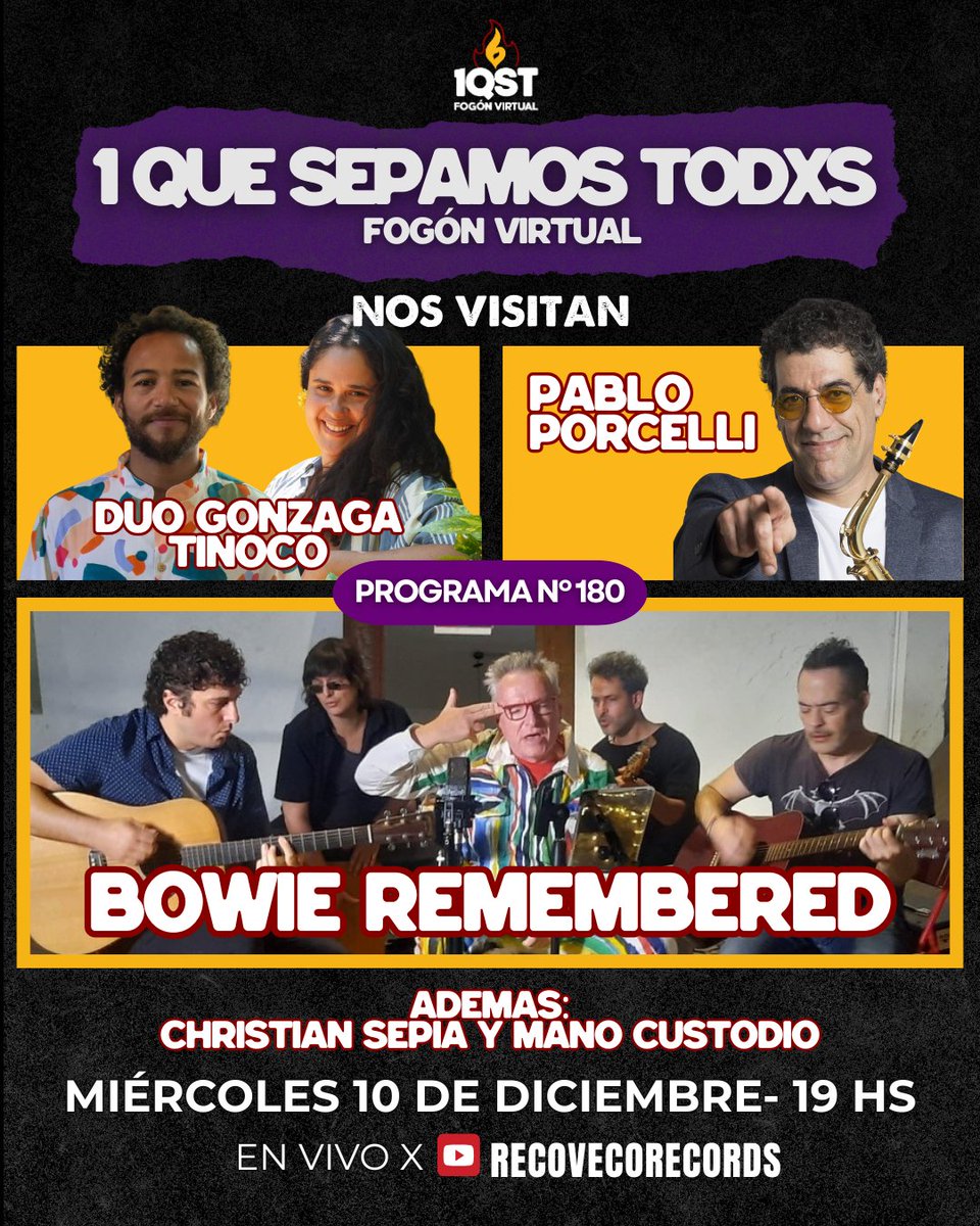 Atención FRECUYENTES ASIDUES!  
🔥1QST 6TA TEMPORADA🔥

PROGRAMA NÚMERO 180
HOY 19 hs En Vivo x Youtube  
🇦🇷🇦🇷🇦🇷🇦🇷🇦🇷

Conduce <a href="/MandangaDance/">Mandanga Dance</a>
Transmite <a href="/recovecorecord1/">recovecorecords</a>

#1QST #streaming #envivo #fogonvirtual #show #acusticos #MandangaDance #Recoveco