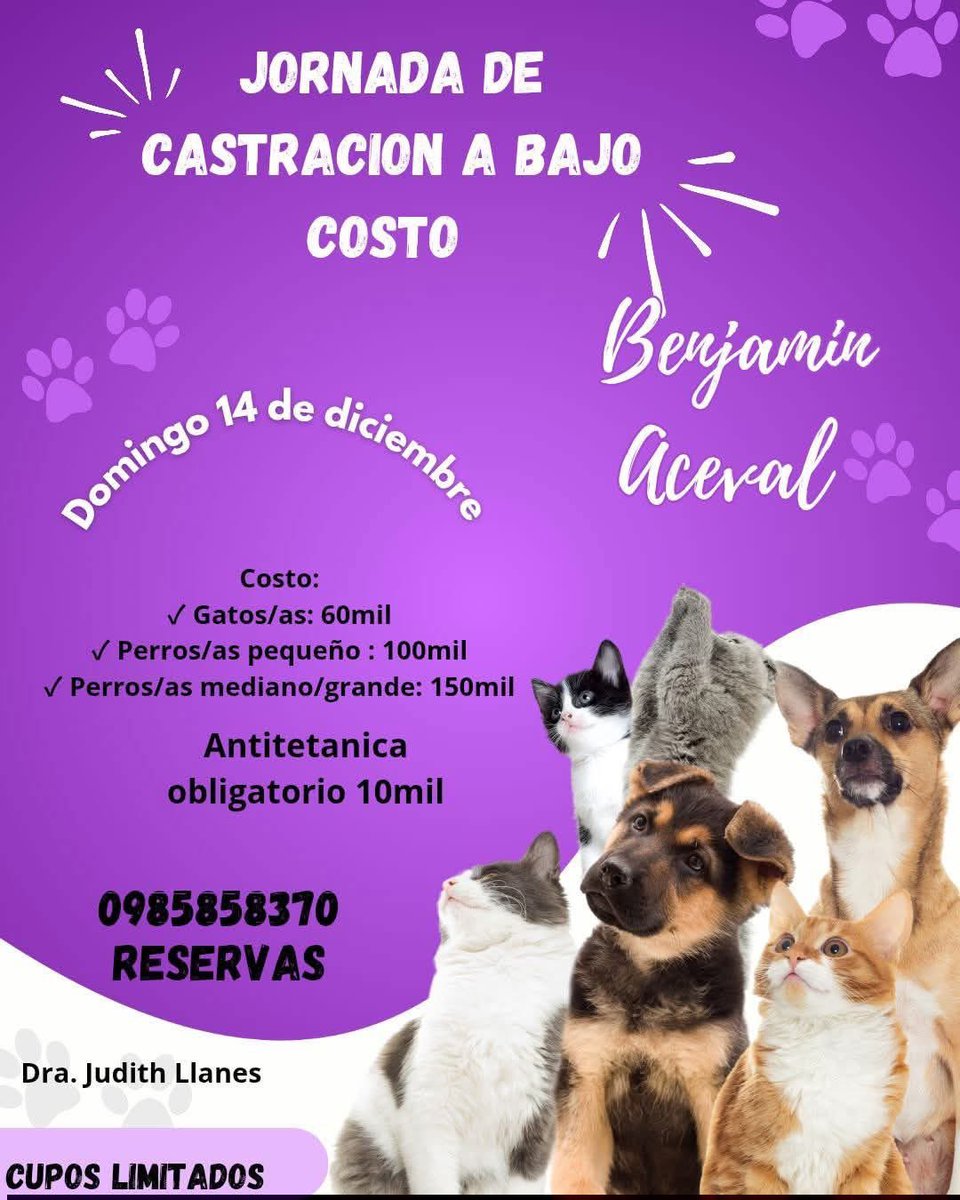 Jornada de Castración a bajo costo solo ayudamos publicando. Toda la información en la imagen. 🙌🐾