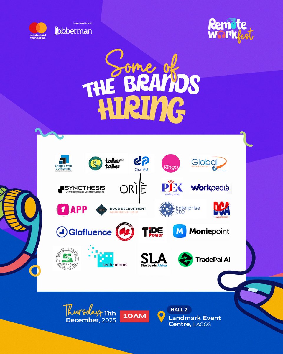 Jobbermandotcom's tweet photo. Some of your favourite brands are pulling up to the Remote Work Fest to hire top talent, and guess what? This is just a few of them!
You really donβt want to miss this!
#RemoteWorkFest2025 #JobbermanNigeria #CareerOpportunities https://t.co/IMkLtR7BH8