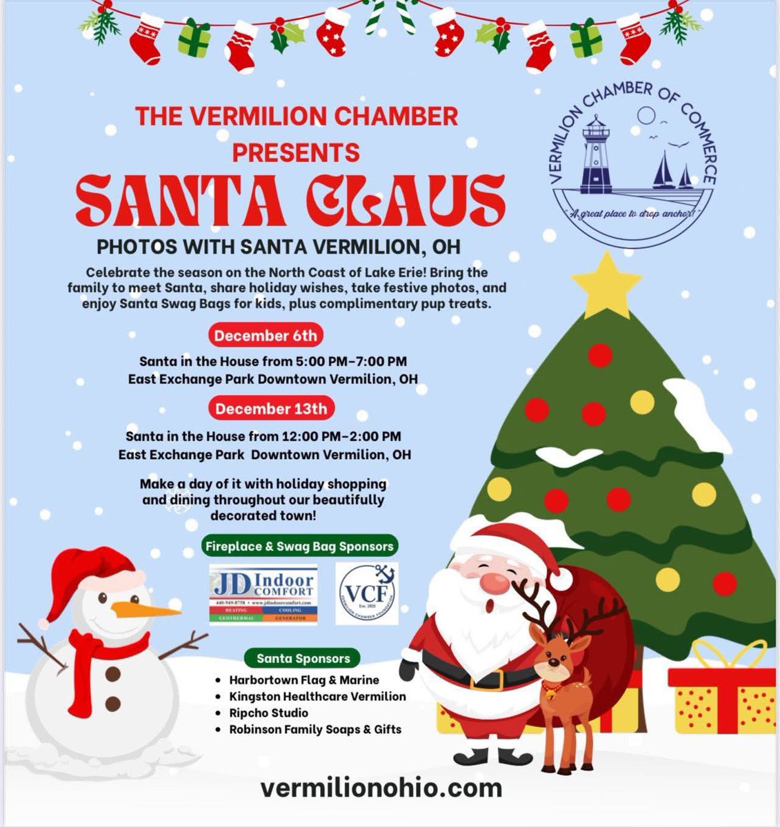 Santa in the house! Final visit Sat, Dec 13, 12–2pm @ East Exchange Park, Vermilion. Kids get swag, pups treats! ❤️ Shop &amp; Dine Local! 🎄