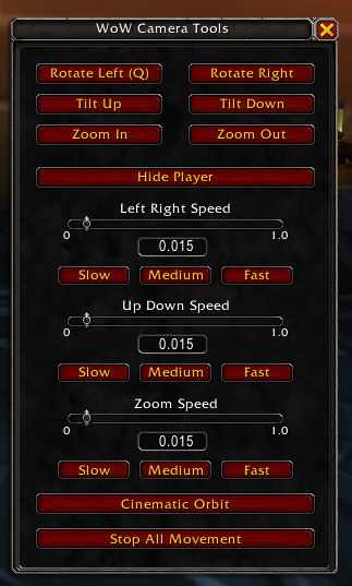 MrGMYT's tweet image. 📸 WoW Camera Tool v1.2 is now live
• Full keybinding support
• New binds for Rotate, Tilt, Zoom, Toggle Player, Cinematic Orbit, Stop All, and Toggle UI
• Buttons show your assigned keybinds
• Added numeric input boxes for all speed sliders

Update is on CurseForge now!