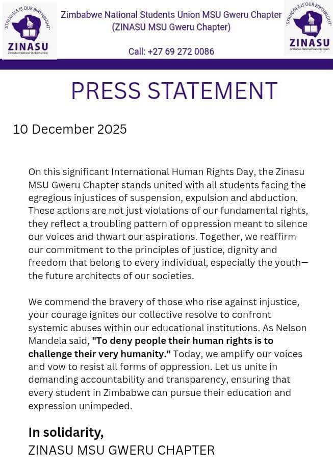 As we celebrate the International Human Rights Day the Chapter Urges the Administration of Midlands State University to unilaterally lift the Expulsion of our Comrades.All Politically induced suppression has no place in our campus. <a href="/Cde_Ostallos/">Gift Ostallos Siziba</a> <a href="/advocatemahere/">Fadzayi Mahere🇿🇼</a> <a href="/ZLHRLawyers/">ZLHR</a>