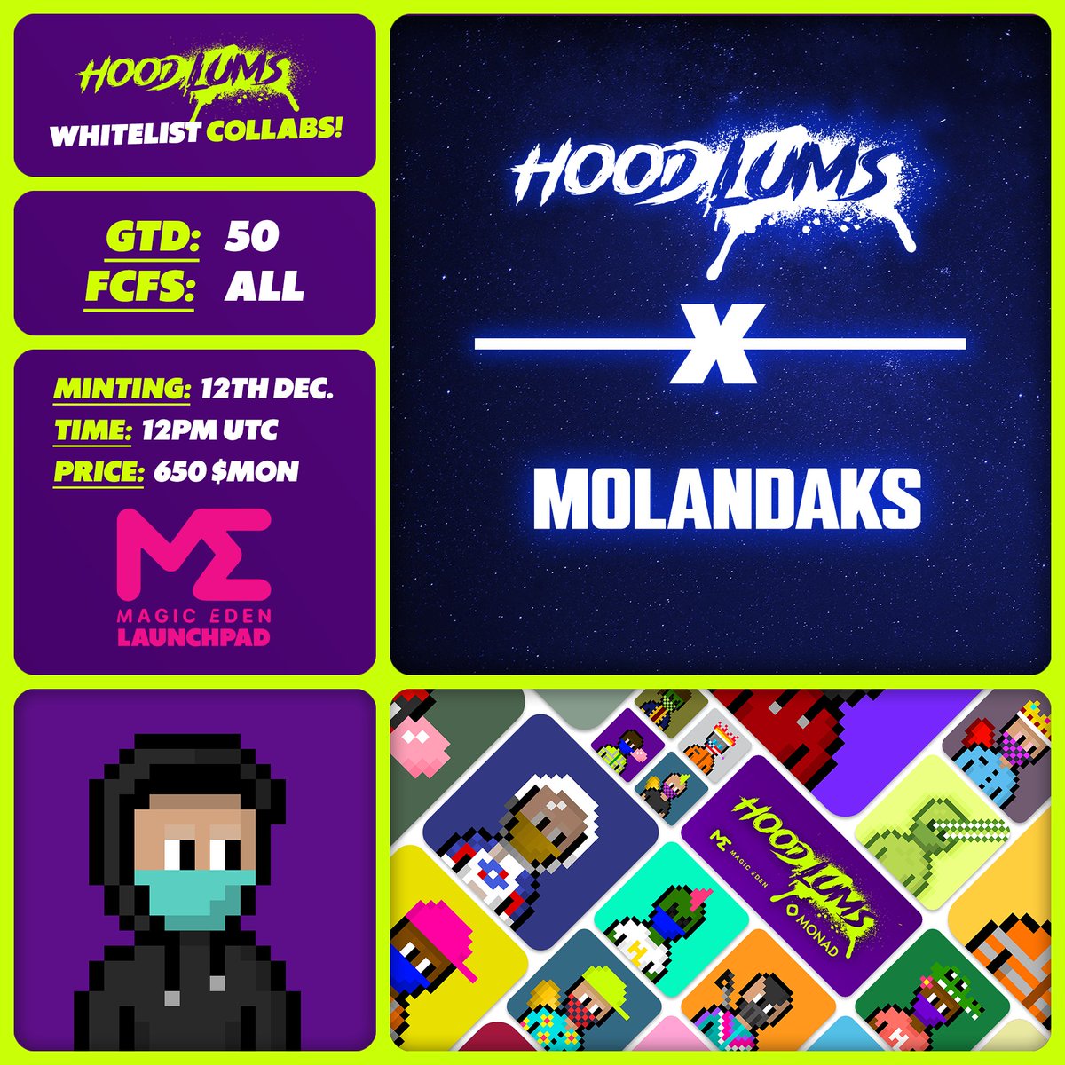 Hoodlums X <a href="/molandaks_xyz/">Molandaks</a> WL Spots! 🤝

🔓  GTD WL ➡️ Top 50 DELISTED Molandaks holders!
🥇  FCFS WL ➡️ All DELISTED Molandaks holders!
🗓️  Minting: Friday 12th December on <a href="/monad/">Monad (mainnet arc)</a> chain!
🪙  Price: 650 $MON

🔗  magiceden.io/launchpad/mona…