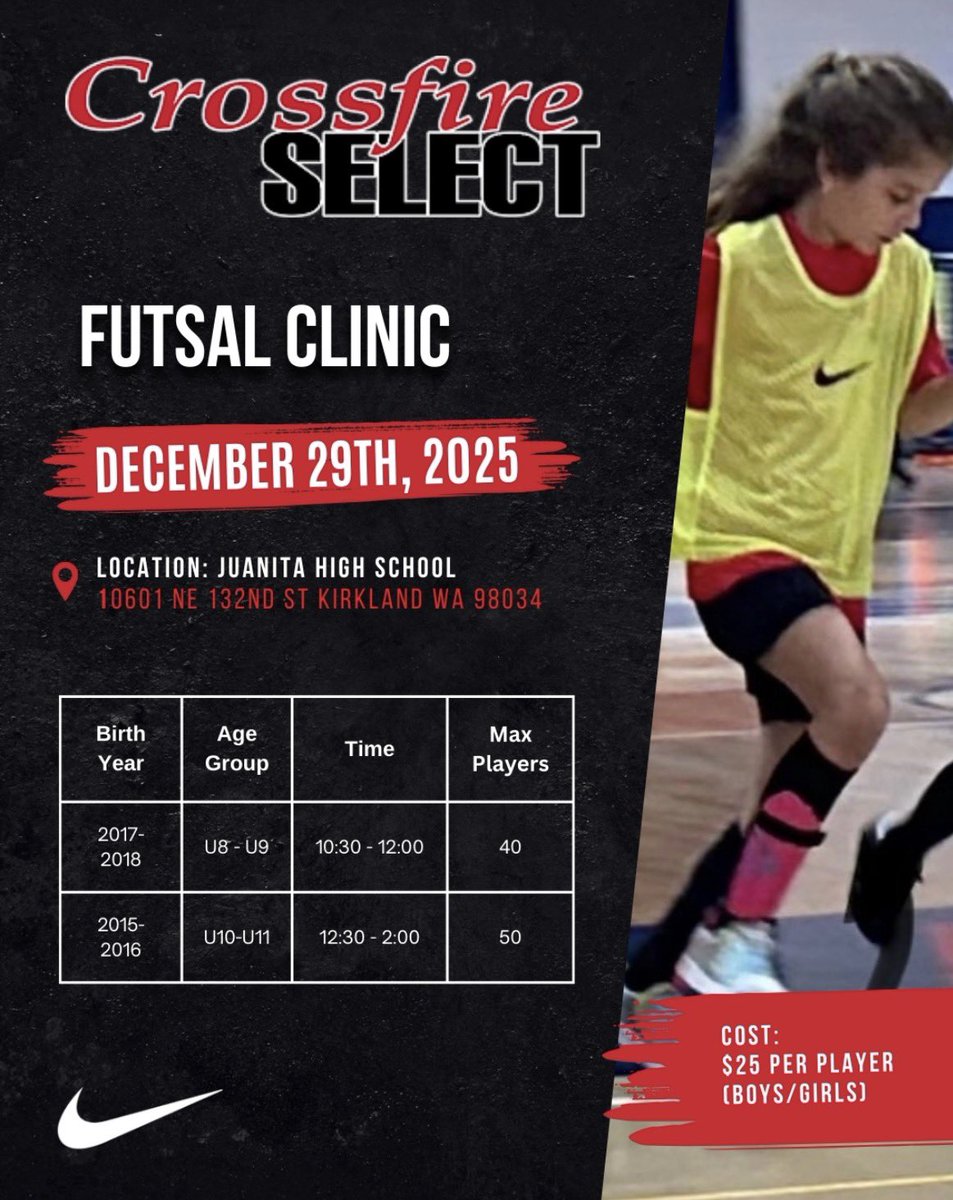 CrossfireSelect's tweet image. ⚽🔥 Holiday Futsal is BACK!
Calling all boys &amp;amp; girls (2017–2015 birth years) — come level up your game on Dec 29, 2025!
Spots always fill fast… don’t wait!
More details and Register through our website. crossfireselect.com