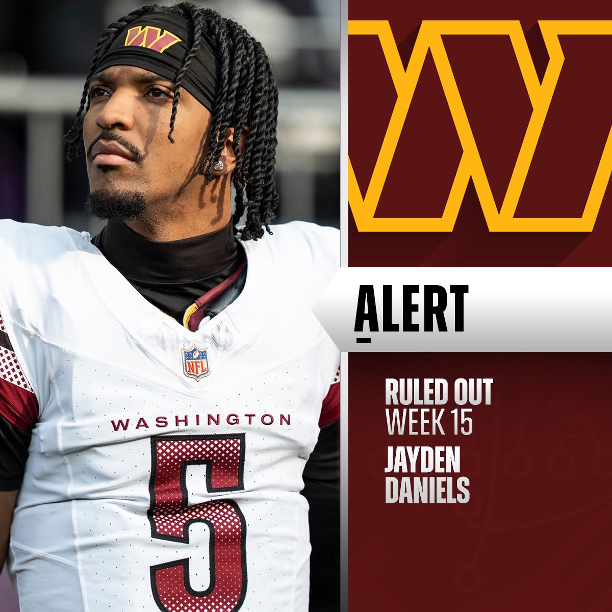 Commanders head coach Dan Quinn says QB Jayden Daniels (elbow) won't play on Sunday. 