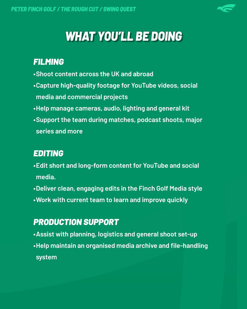 PeterFinchGolf's tweet photo. Please give this a repost to spread the word!

WE ARE HIRING!! New position for a Junior Videographer and Editor at Finch Golf Media. Starting in the New Year. 

Perfect for someone who loves YouTube and the world of online golf content 👍 https://t.co/VCbQJDx2ra