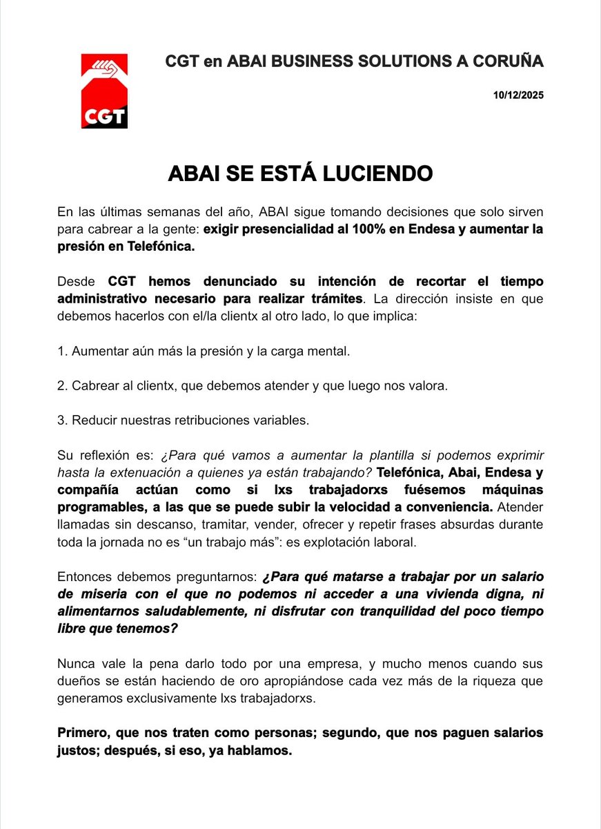 CGTEXTEL's tweet photo. Nunca vale la pena darlo todo por una empresa, mucho menos cuando sus dueños se enriquecen apropiándose de la riqueza que generamos lxs trabajadorxs, como ocurre en el @GroupAbai, @Telefonica o @Endesa. https://t.co/4ErVMRWF8n
