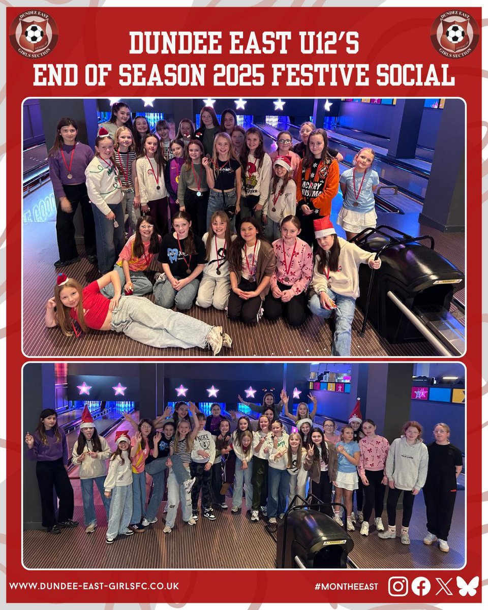 dundee_east's tweet photo. Our U12 squad celebrated the 2025 season with a night out at Hollywood Bowl this week! The girls, and coaches, had a blast!

DUFCW (and ex-Dundee East) striker Callie Bowman joined us to present the girls with their medals, recognising an excellent season for our Reds and Whites! https://t.co/lUMi9zJVws