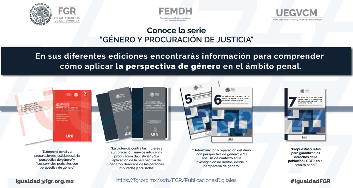 #SabíasQue la #FGR, a través de la #UEGVCM, publica la Serie #GéneroyProcuracióndeJusticia con el objetivo de que las y los operadores del Sistema de Justicia Penal comprendan mejor e integren la perspectiva de género en sus actuaciones. ¡Conócela! fgr.org.mx/swb/FGR/Public…