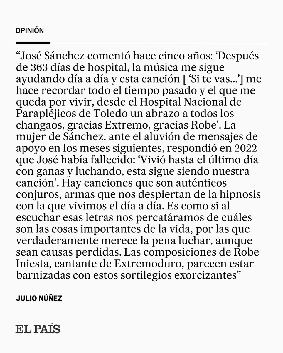 el_pais's tweet photo. "Es como si al escuchar las letras de Robe nos percatáramos de cuáles son las cosas importantes de la vida, por las que verdaderamente merece la pena luchar, aunque sean causas perdidas", por Julio Núñez #hemeroteca https://t.co/GawBe0ZmHl https://t.co/KCNIads03k
