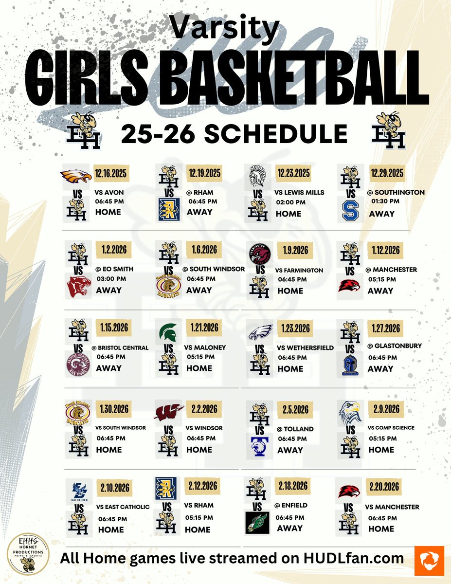Check out the Varsity Girls Basketball Schedule for the 25-26 Winter season and come cheer on your Lady Hornets.