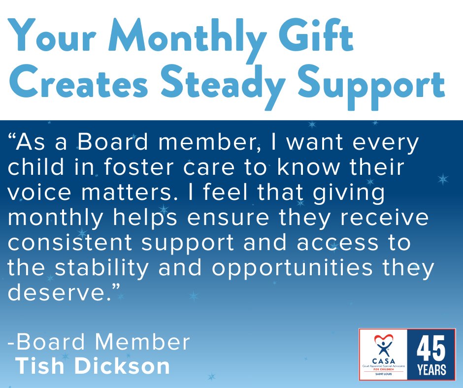 stlouiscasa's tweet image. Giving monthly helps provide steady support so every child we serve feels seen, heard, and valued. 
Go to stlcasa.givecloud.co/items/CASA-don… and donate today!

#MonthlyGiving #CASAofSTL #SupportCASA #GiveMonthly #FosterCareAdvocacy #NonprofitSTL