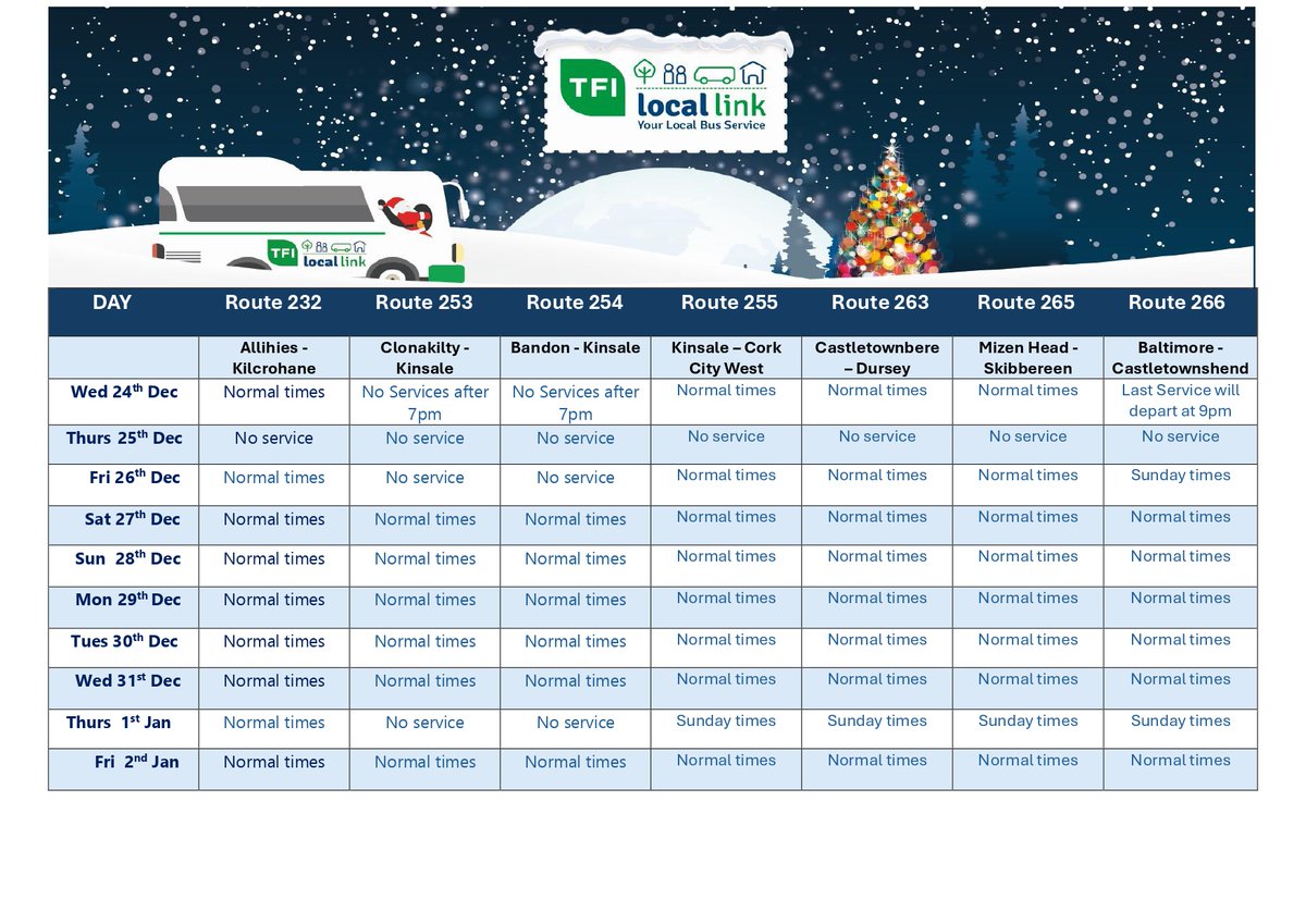 LocalLinkCork's tweet image. West Cork Christmas Schedule 2025 🎄🚌
 
Please note that our offices will close for Christmas Holidays at 4pm on Tuesday 23rd December &amp;amp; open again at 9am on Monday 29th December. We wish you all a very Happy Christmas.  🎅🎄