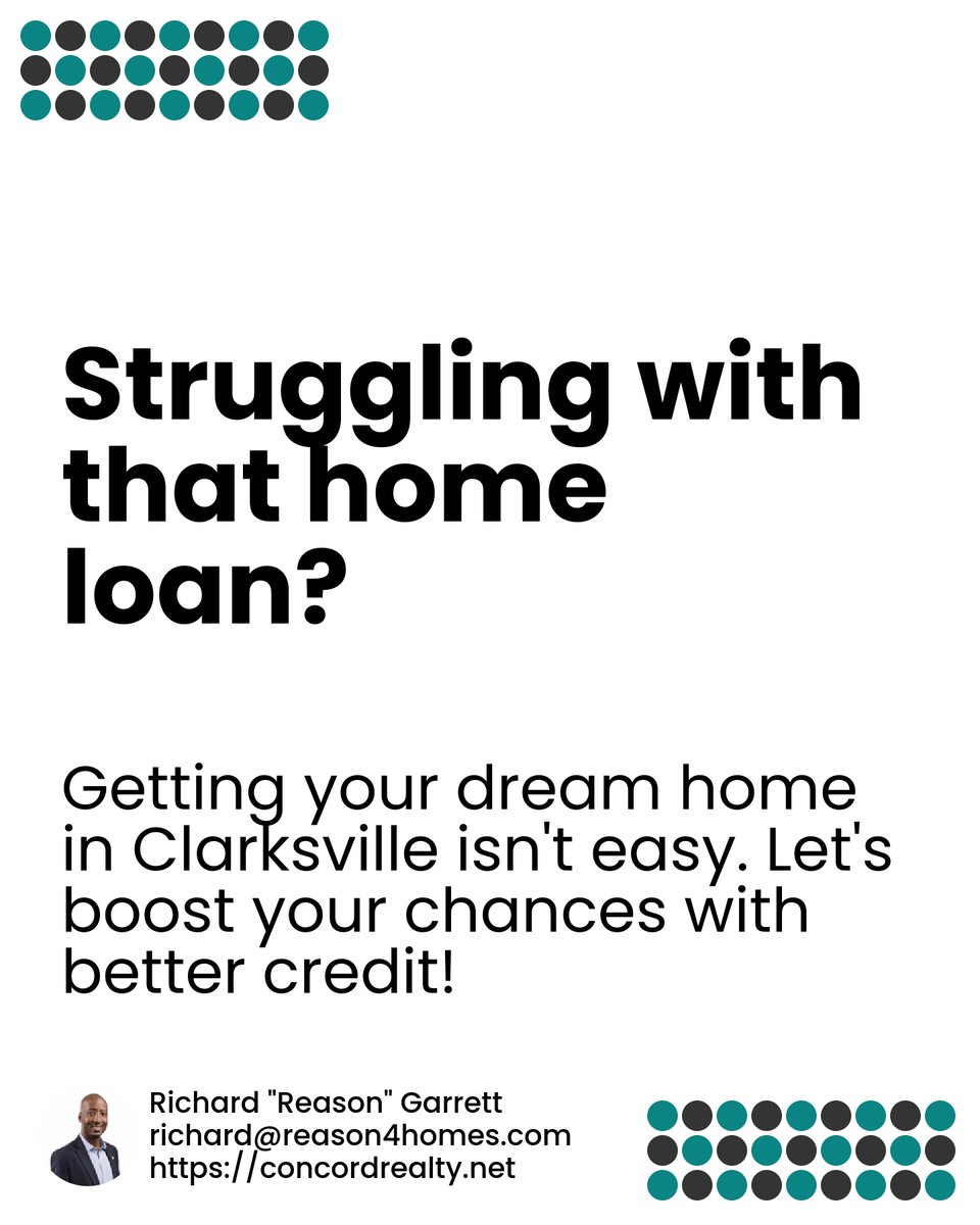 Reason1041's tweet image. Struggling with getting that dream home loan in Clarksville? 🏡 Boost your credit with these tips: automate bills, lower card balances, and don’t skip on savings! 🔄 It’s all about those baby steps. What’s your biggest credit challenge? Share below! #ClarksvilleRealEstate