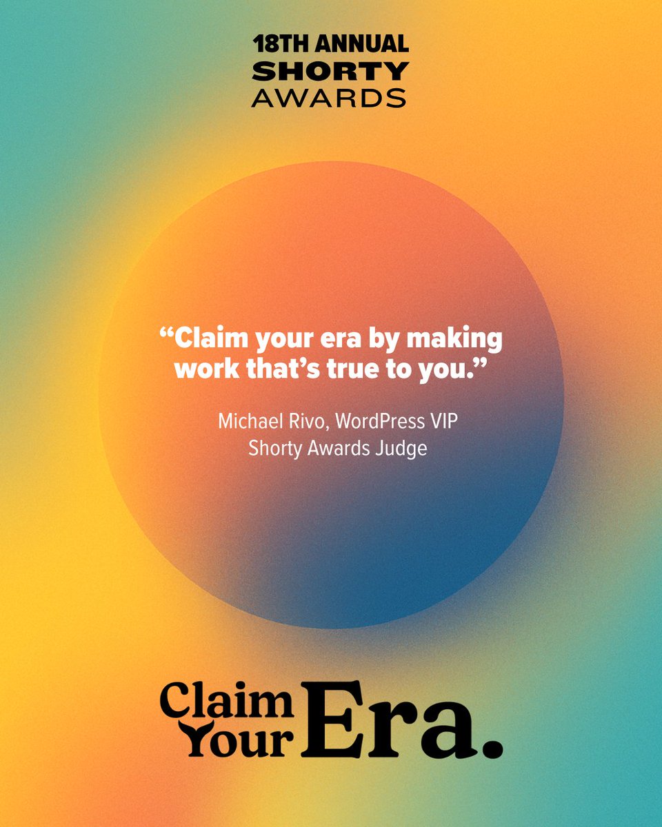 shortyawards's tweet image. Meet 18th #ShortyAwards Judge Michael Rivo of WordPress VIP

This season’s theme "Claim Your Era" is a call to action. Our judges are looking for work that sets the tone for the era you want be known for. Take a look at Michael's POV ⬇️

🏆 It’s time to claim your era. Submit by…