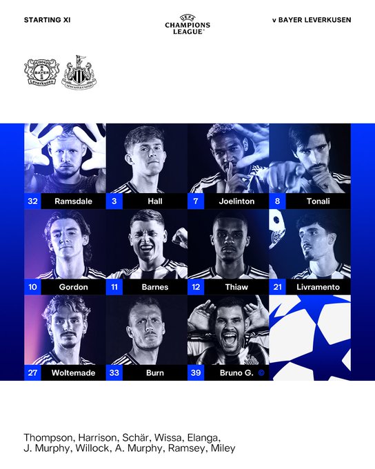 Team line-up: Ramsdale, Hall, Joelinton, Tonali, Gordon, Barnes, Thiaw, Livramento, Woltemade, Burn,  Bruno G. (C).