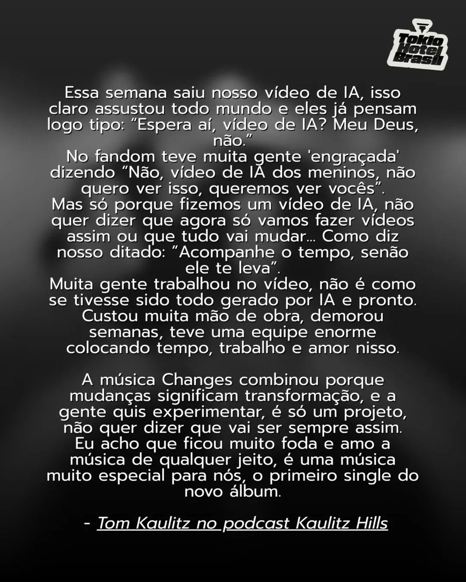 TokioHotelBR's tweet image. A resposta quanto à polêmica relacionada à IA no clipe de Changes veio mais rápido do que pensávamos (e tão decepcionante quanto imaginavamos), diretamente da boca dos gêmeos Kaulitz.

Tom alega que "fãs engraçados" (agradecemos o elogio!) reclamaram sobre o uso de IA, falta da…
