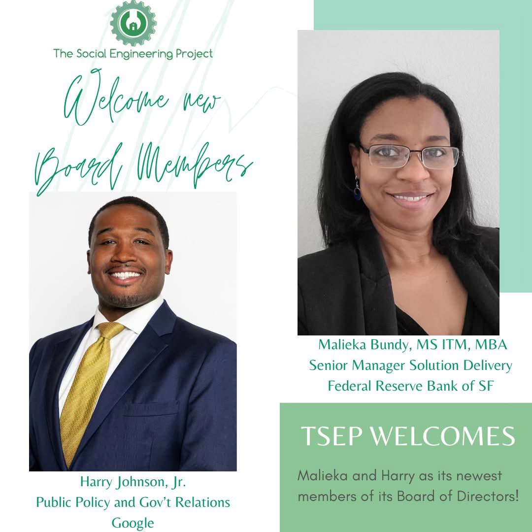 Big news! 🎉 We’re thrilled to welcome Malieka Bundy and Harry Johnson, Jr. to the TSEP Board of Directors!
Their leadership across tech, policy, and community impact will help propel our STEM mission forward. 🚀
Welcome to the team! #TSEP #STEMEquity #LeadershipMatters