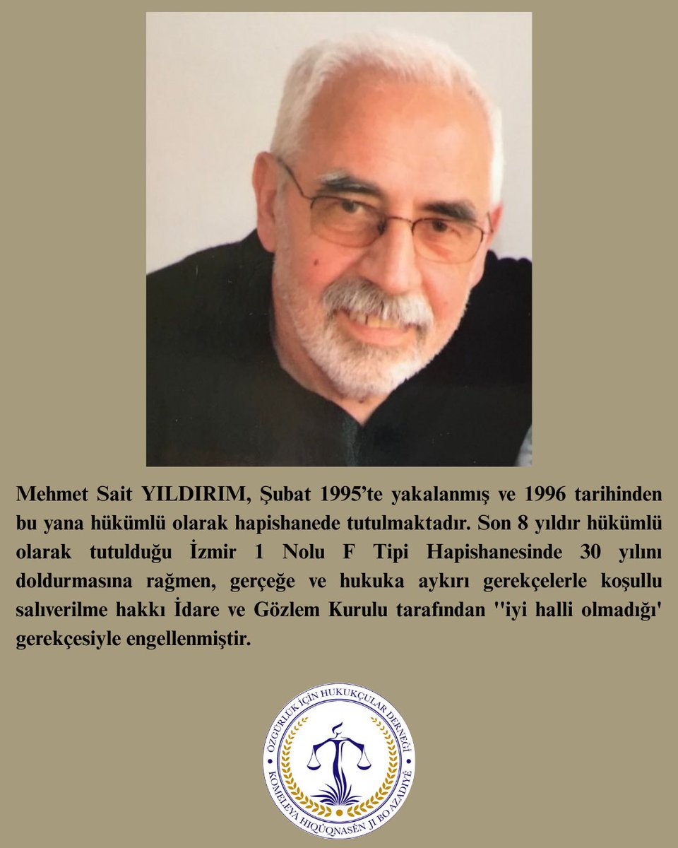 Mehmet Sait YILDIRIM 30 yıllık hapis cezasını infaz etmiş olmasına rağmen hukuka aykırı şekilde toplamda 18 ay infazı uzatılmıştır.

#İzmir1NoluFTipiHapishanesineSesVer
#KırıklarHapishanesineSesVer
#HastaMahpuslaraÖzgürlük
#MehmetSaitYıldırımaÖzgürlük