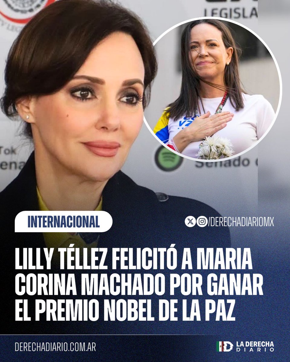 🇲🇽🇻🇪 | La senadora <a href="/LillyTellez/">Lilly Téllez</a> felicitó a Maria Corina Machado por ganar el Premio Nobel de la Paz reconociendo su lucha contra el narcodictador de Venezuela y envió un mensaje a los mexicanos: "Tenemos que defender a México ante la mafiocracia de Morena, aliada de Maduro".