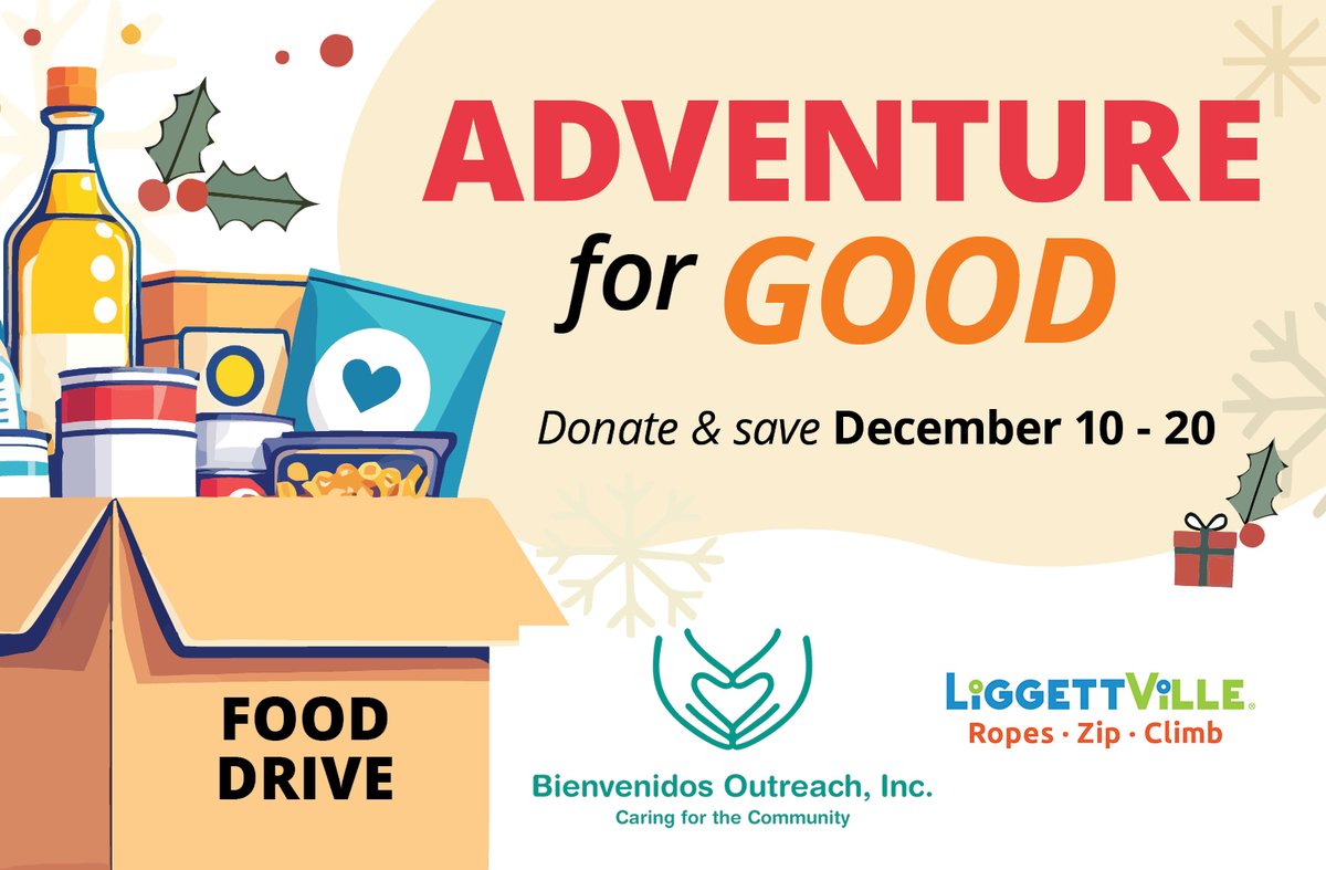 LiggettVilleSFP's tweet image. Adventure for Good! From Dec 10–20, bring a non-perishable food item to LiggettVille Santa Fe &amp;amp; get $5 off a Premier Combo ticket. One item = one $5 discount. All donations go to Bienvenidos Outreach, Inc. ❤️ #AdventureForGood #SantaFeEvents #GiveBack #LiggettVille