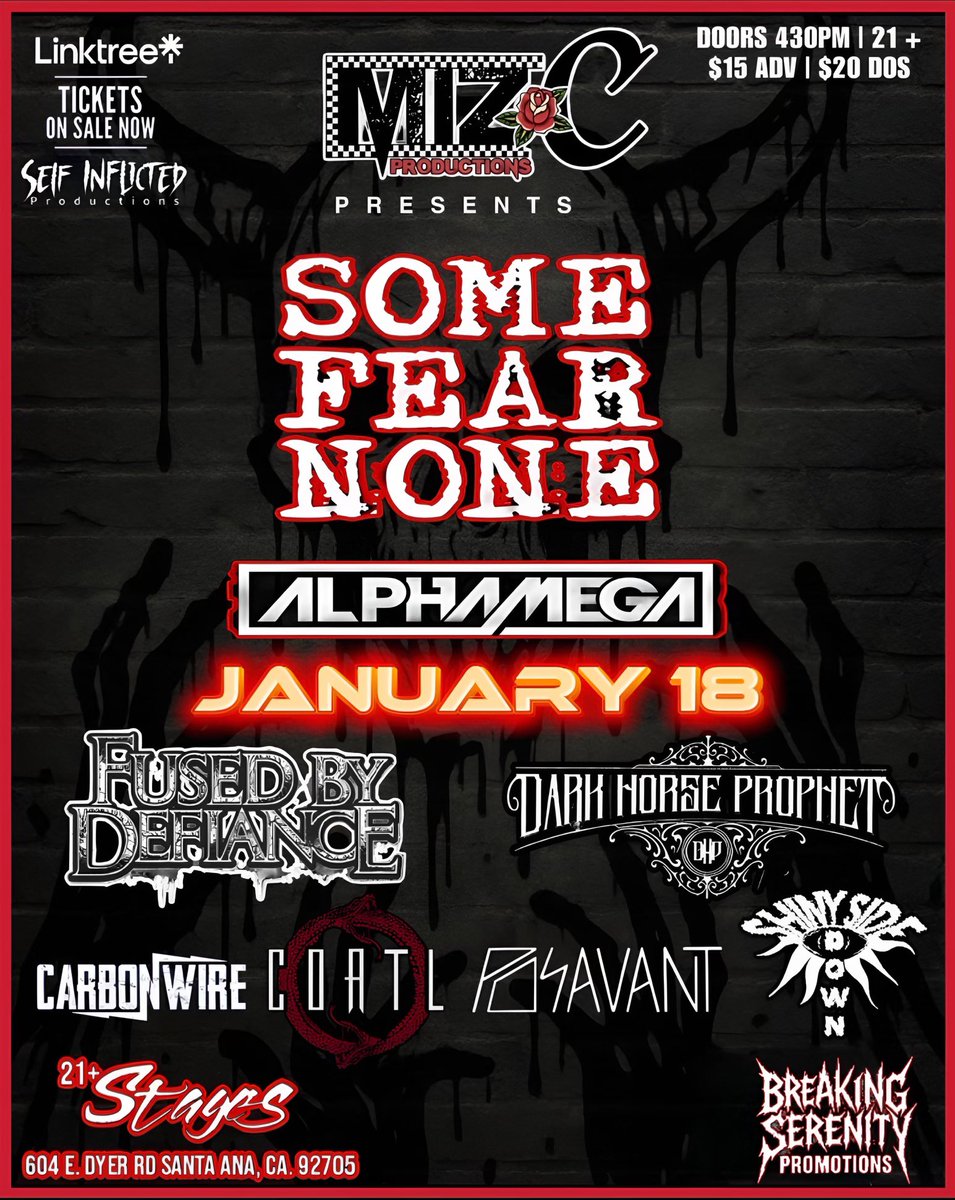 alphamegamusic's tweet photo. We are playing Santa Ana, Ca. Jan 18th

Let’s Unite!

Info / Tix : 
https://t.co/NkLsc1KsKR

#ALPHAMEGA #somefearnone #fusedbydefiance #darkhorseprophet #carbonwire #coatl #posavant #sunnysidedown https://t.co/Lj5ji3Fiq7