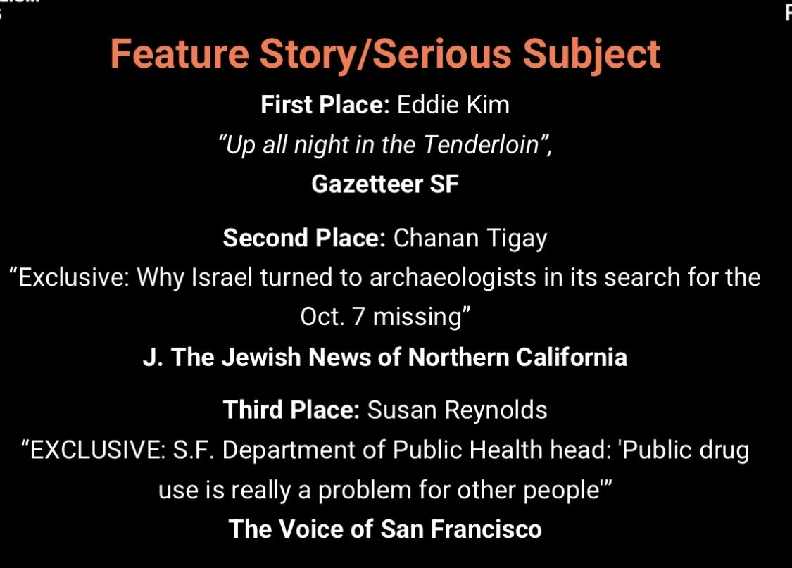 Honored to pick up two ⁦<a href="/SF_PressClub/">San Francisco Press Club</a>⁩ awards, one for ⁦<a href="/jzipperer/">John Zipperer</a>⁩ and Melissa Caen in public affairs programming and one for ⁦<a href="/SusanDReynolds/">💥Susan Dyer Reynolds🗞️</a>⁩ for feature story/serious subject.