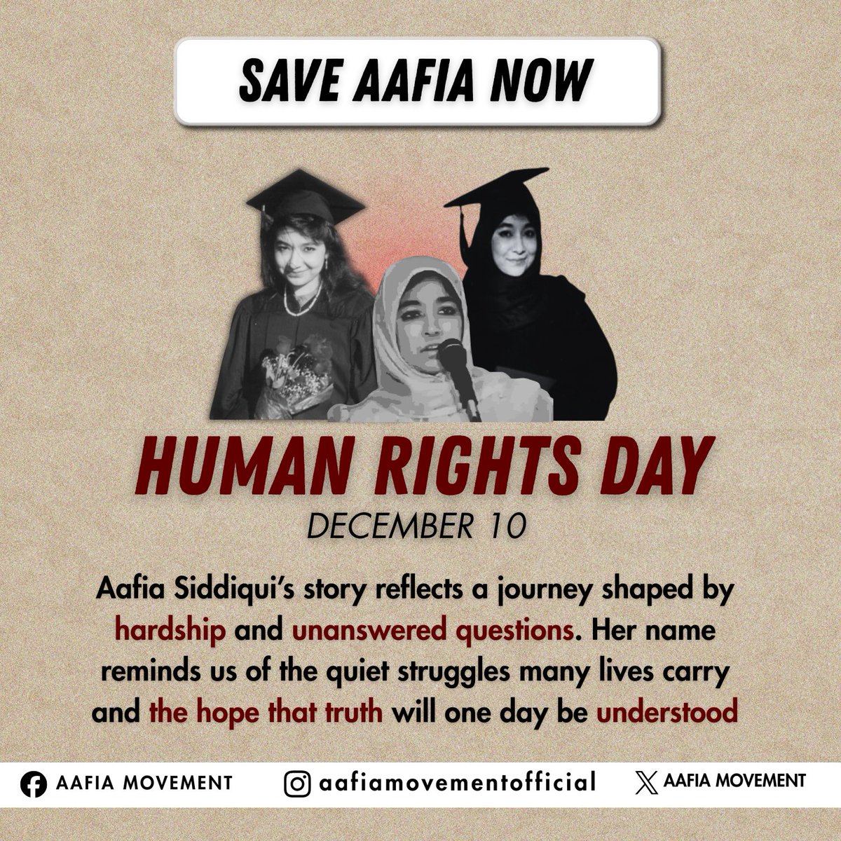 Aafiamovement's tweet image. On Human Rights Day, we remember Dr. Aafia Siddiqui a name that symbolizes unanswered questions, silent suffering, and a decades-long struggle for truth.
Her story reminds us that justice delayed is justice denied.
@UNHumanRights
@mohrpakistan
#SaveAafiaNow #HumanRightsDay