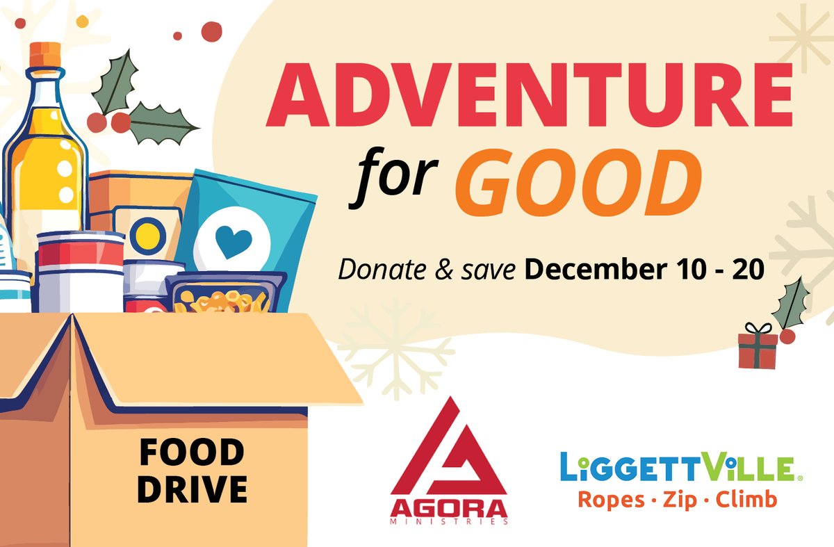 liggettville15's tweet image. Give back while having fun! 🎉 From Dec 10 to 20, bring a non-perishable food item to LiggettVille San Antonio and get $5 off a Premier Combo ticket. All donations go to Agora Ministries to support at-risk students and families. #AdventureForGood #LiggettVille #GiveBack