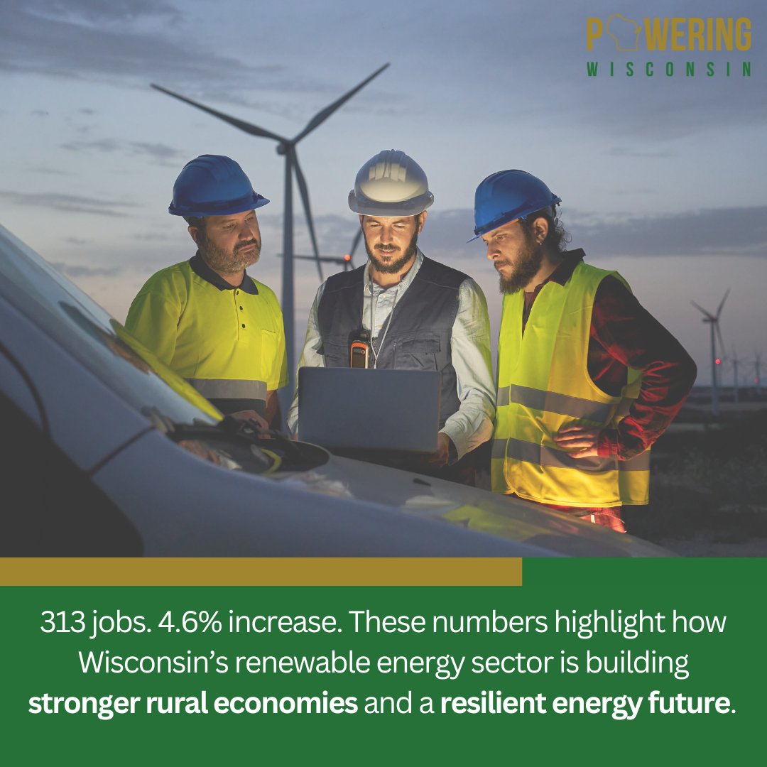 PoweringWi's tweet image. Wisconsin’s renewable energy sector added 313 new jobs in 2023-24, a 4.6% increase. More jobs, stronger rural economies, and a resilient energy future — powered by solar, wind, and battery storage.

Get involved: poweringwisconsin.org
