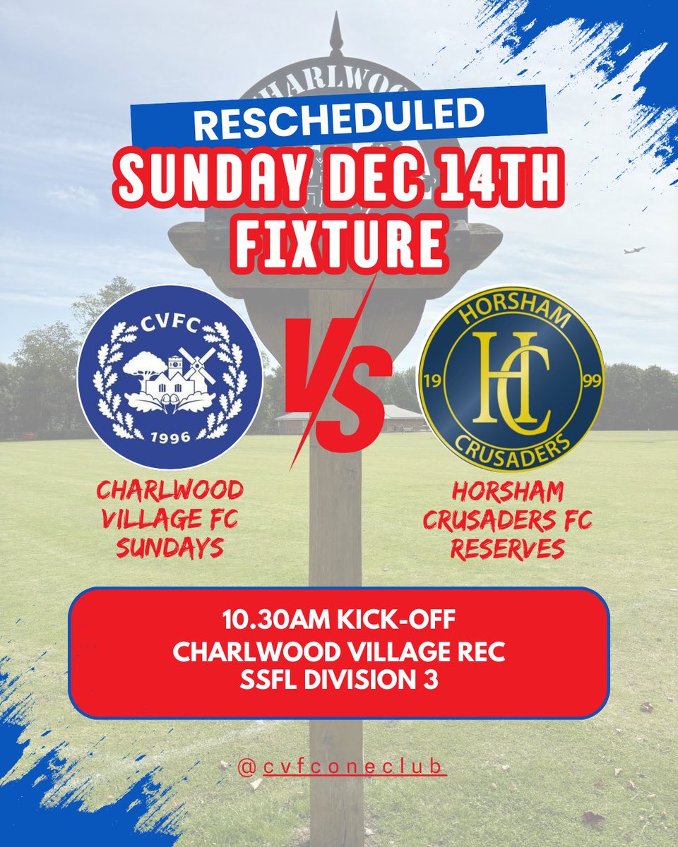 CVFConeclub's tweet photo. β½οΈ FIXTURE RESCHEDULED β½οΈ
CVFC Sundays v Horsham Crusaders Reserves
π
Sunday 14th December
β° 10:30am KO
π Charlwood Village Rec
π SSFL Division 3
Come support the lads! πͺπ΅
#CVFC #SSFLDivision3 https://t.co/ymVzXp19b4