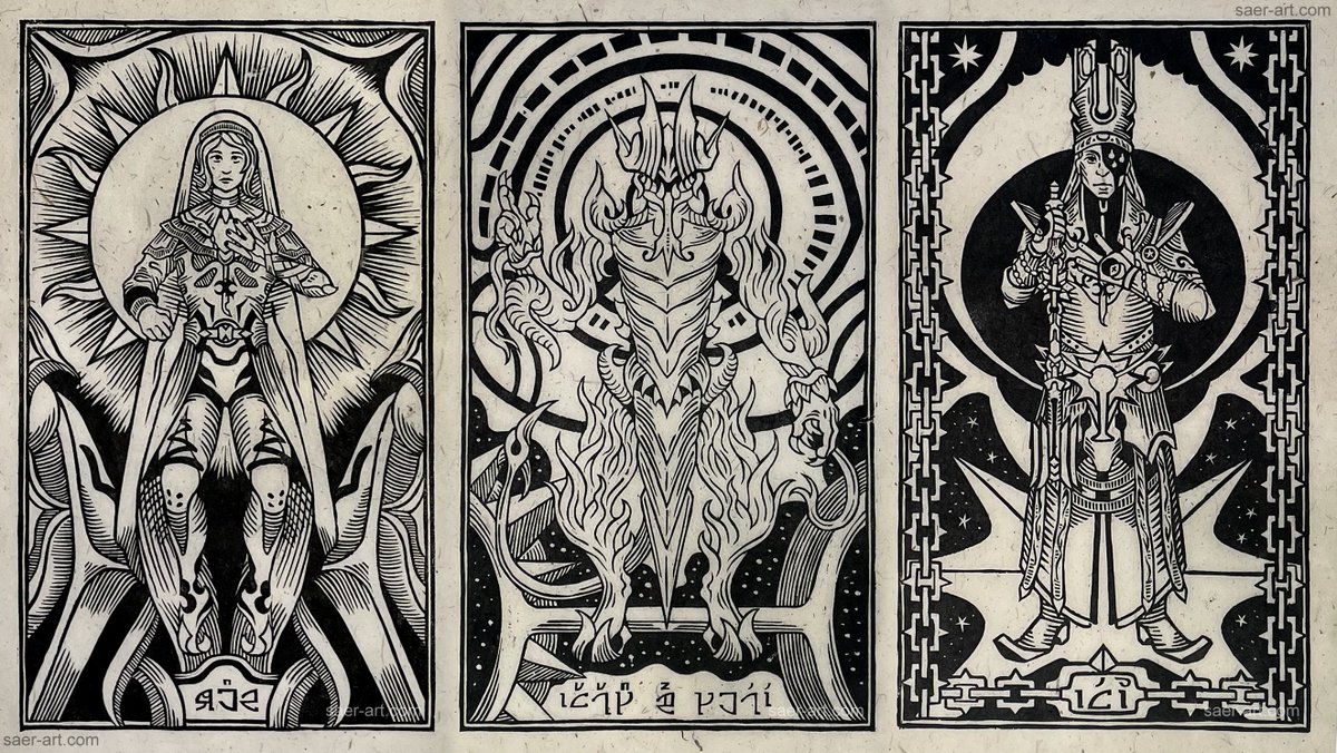 Saer_Art's tweet photo. The Devil's Triad - Three woodcuts inspired by medieval saint imagery, tarot and triptychs. Carved in shina wood and printed on mulberry paper. Individual photos and some printing videos in replies!
#warframe #tennocreate #warframefanart #theoldpeace #devilstriad #printmaking https://t.co/SUuyMuk5hb