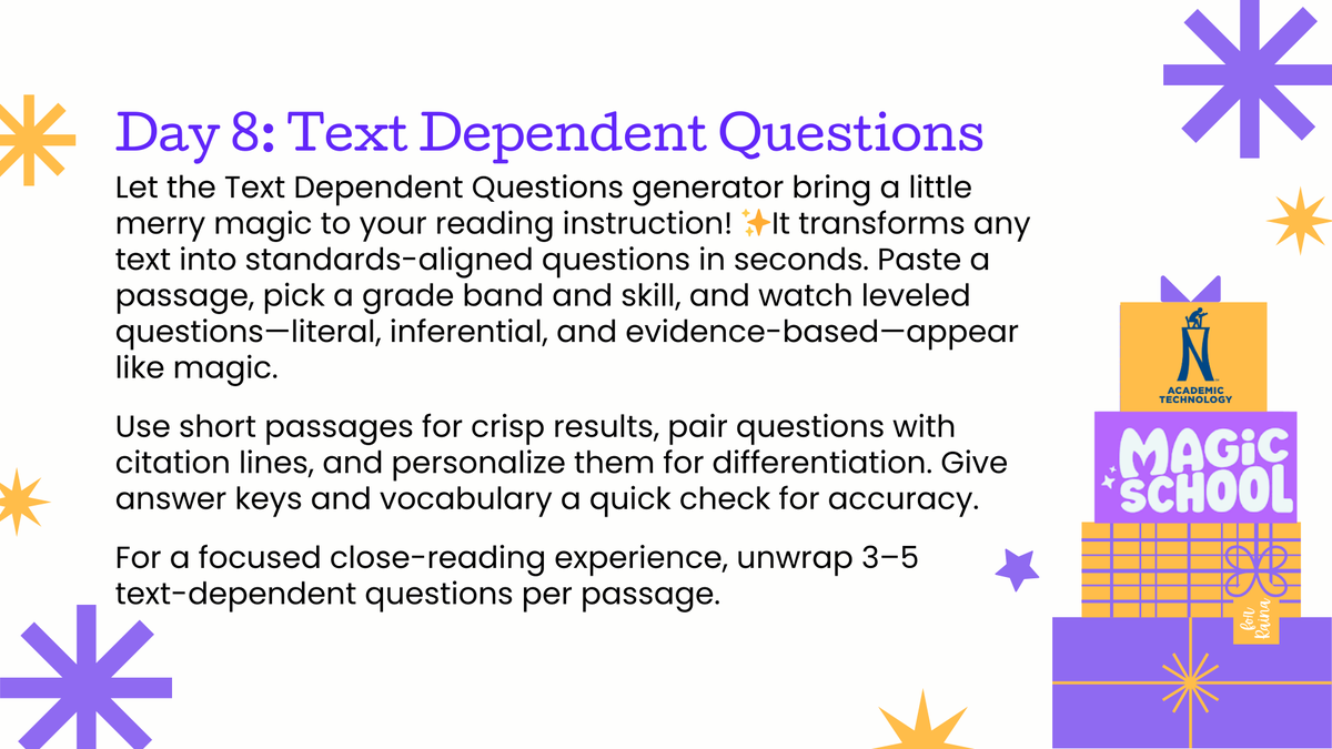 NISDAcadTech's tweet photo. Day 8 -Unwrap the Magic of https://t.co/gVqRPAN8f9! Add a little holiday magic✨w/ the Text Dependent Question Generator.  Turn any text into standards-aligned questions - paste a passage &amp; get literal, inferential &amp; evidence-based ?s 🎁 #12magicaldays [https://t.co/I5788Y0Cs8] https://t.co/9sXzUhWpek
