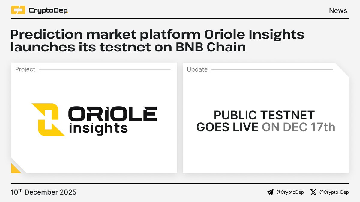 ⚡️ Prediction market platform @OrioleInsights launches its testnet on  @BNBCHAIN $BNB The $ORI public testnet launch is scheduled for December  17th, with more details to be unveiled soon! Oriole Insights is a