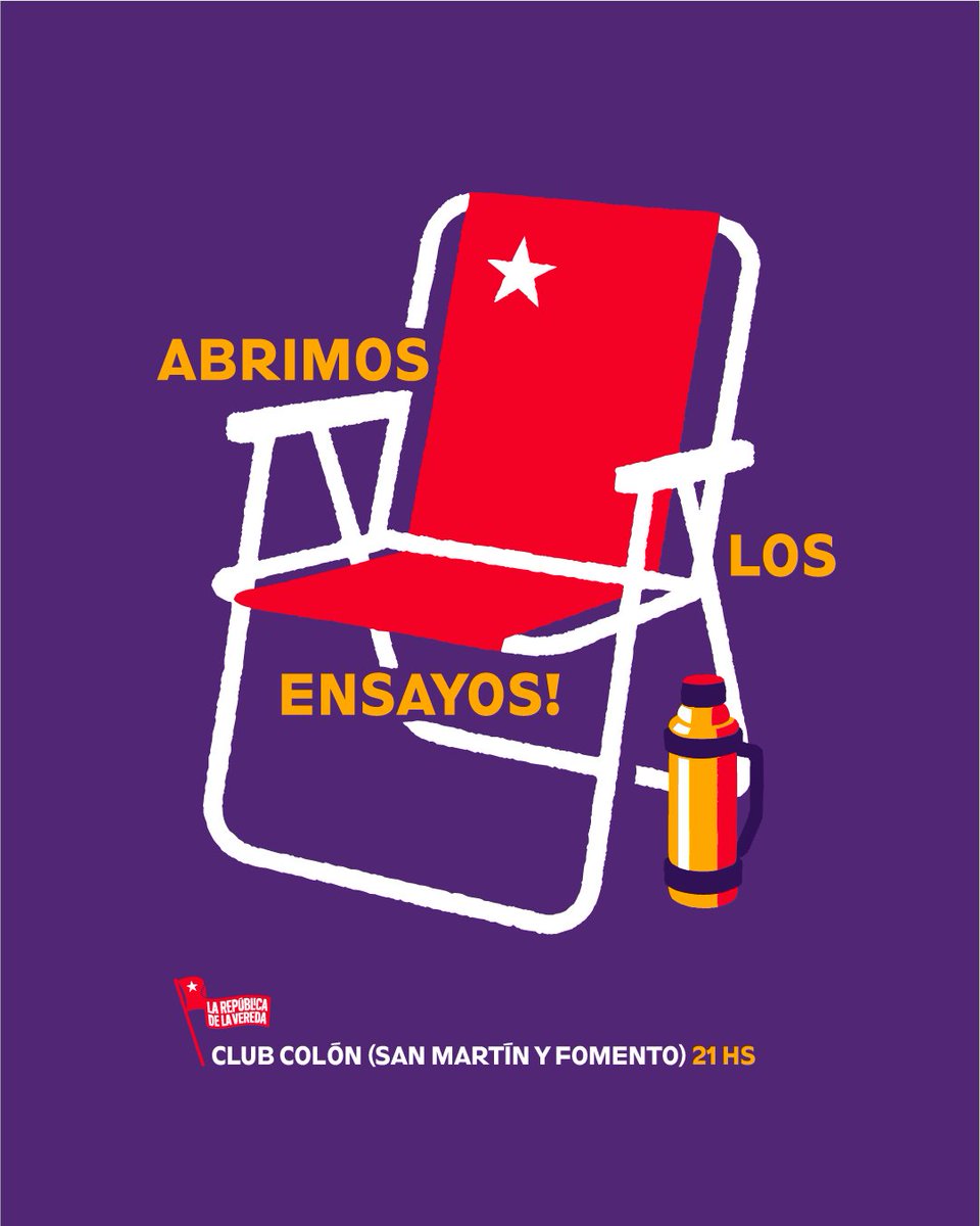 🧹 Bienvenid@s a la República de la Vereda, buscamos más habitantes! 
.
abrimos los ensayos! 
📍 Club Colon [San Martin y Fomento]
• 21 hs •
.
Traiga su reposera!
Hay cantina!
.
⚠️ hay una escalera para llegar, seguí las indicaciones 👀