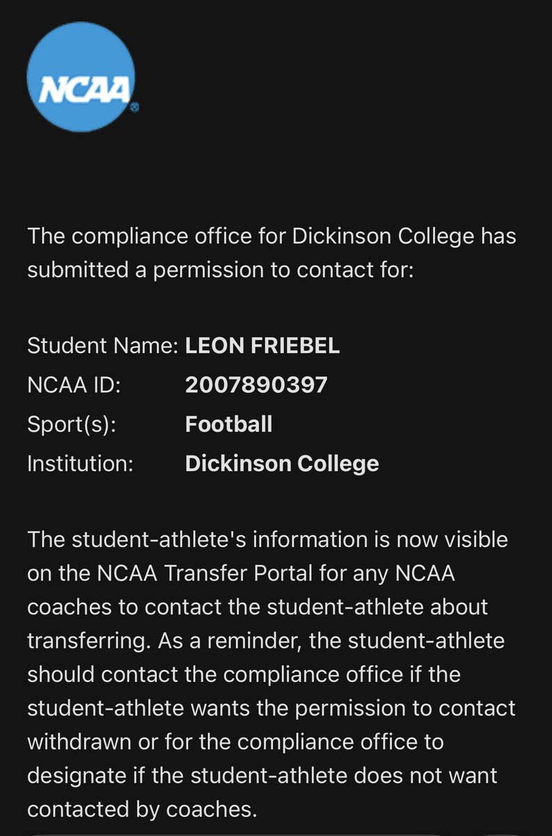 LeonFriebel's tweet photo. I have officially entered the transfer portal as a grad student.
Thank you Dickinson College!

WR
6‘3‘‘
200lbs

All Centennial Conference 
3.6 GPA

2 YEARS OF ELIGIBILITY
Film: https://t.co/pA1l8osjxe https://t.co/5FEVKdDpjp