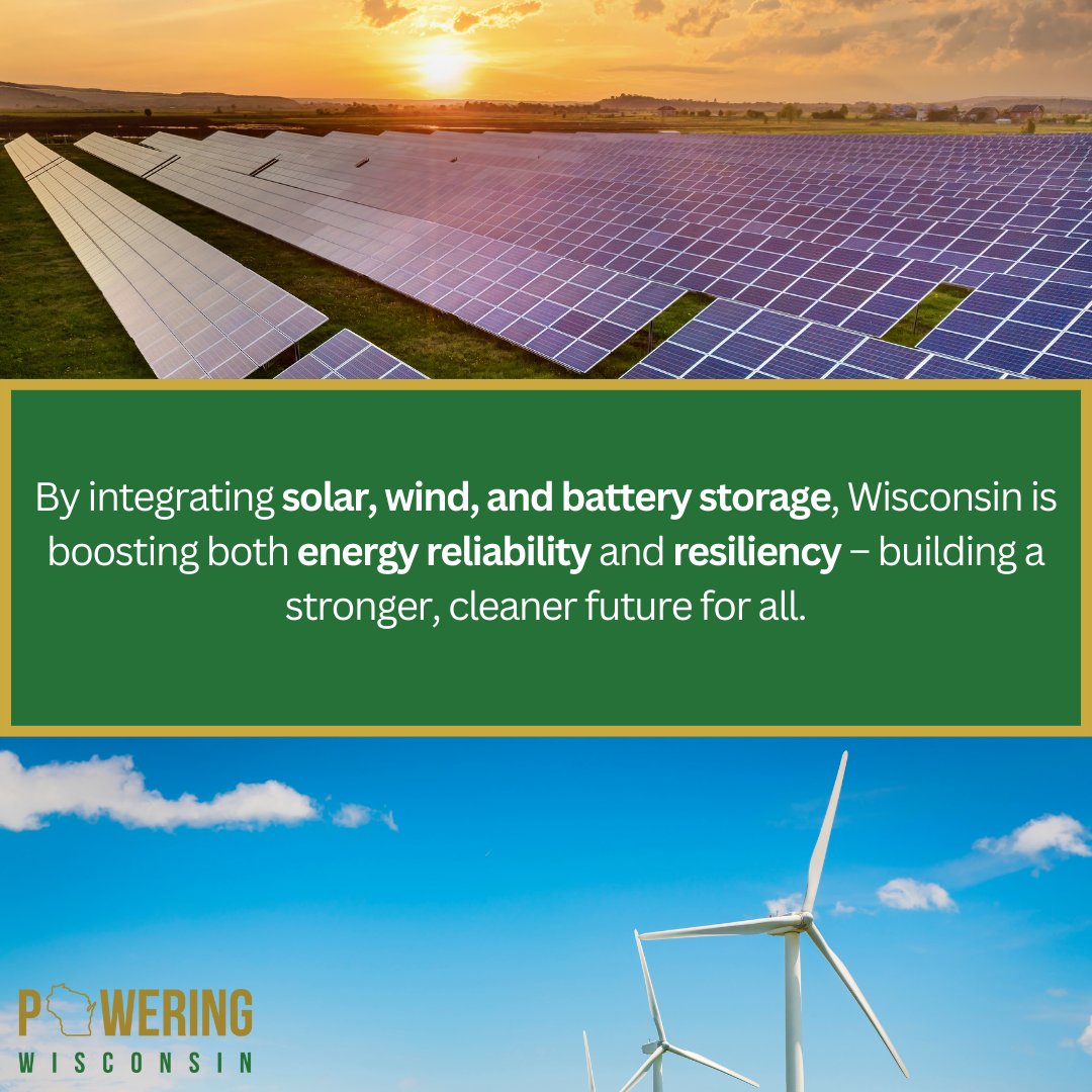 PoweringWi's tweet image. Wisconsin is leading the way with a diverse mix of energy solutions. By integrating solar, wind, and battery storage, the state is boosting both energy reliability and resiliency — building a stronger, cleaner future for all.