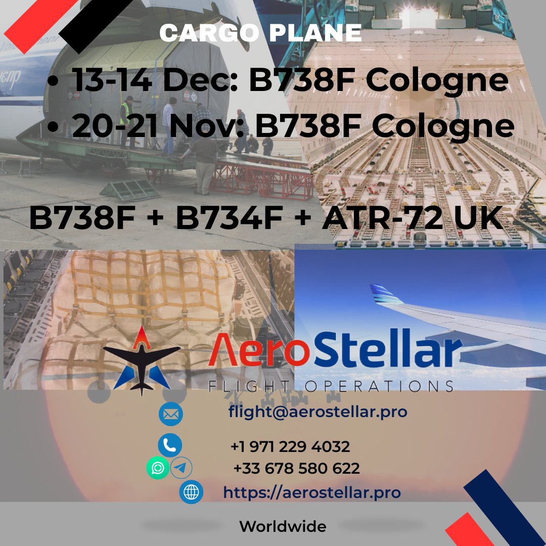 Fly your cargo across Europe with our Airbus A321F (28-ton payload) &amp; Boeing 737-800F (23-ton payload)! Perfect for e-commerce, urgent freight, or medical supplies. DM for quotes!
📞+1-971-229-4032
📲+33-678-580-622
📩 flight@aerostellar.pro

#AirCargo #FreightCharter #A321F