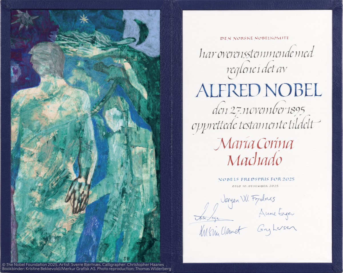 NobelPrize's tweet image. This year’s Nobel Peace Prize diploma has been handed out to the daughter of 2025 peace laureate Maria Corina Machado. Take a closer look.