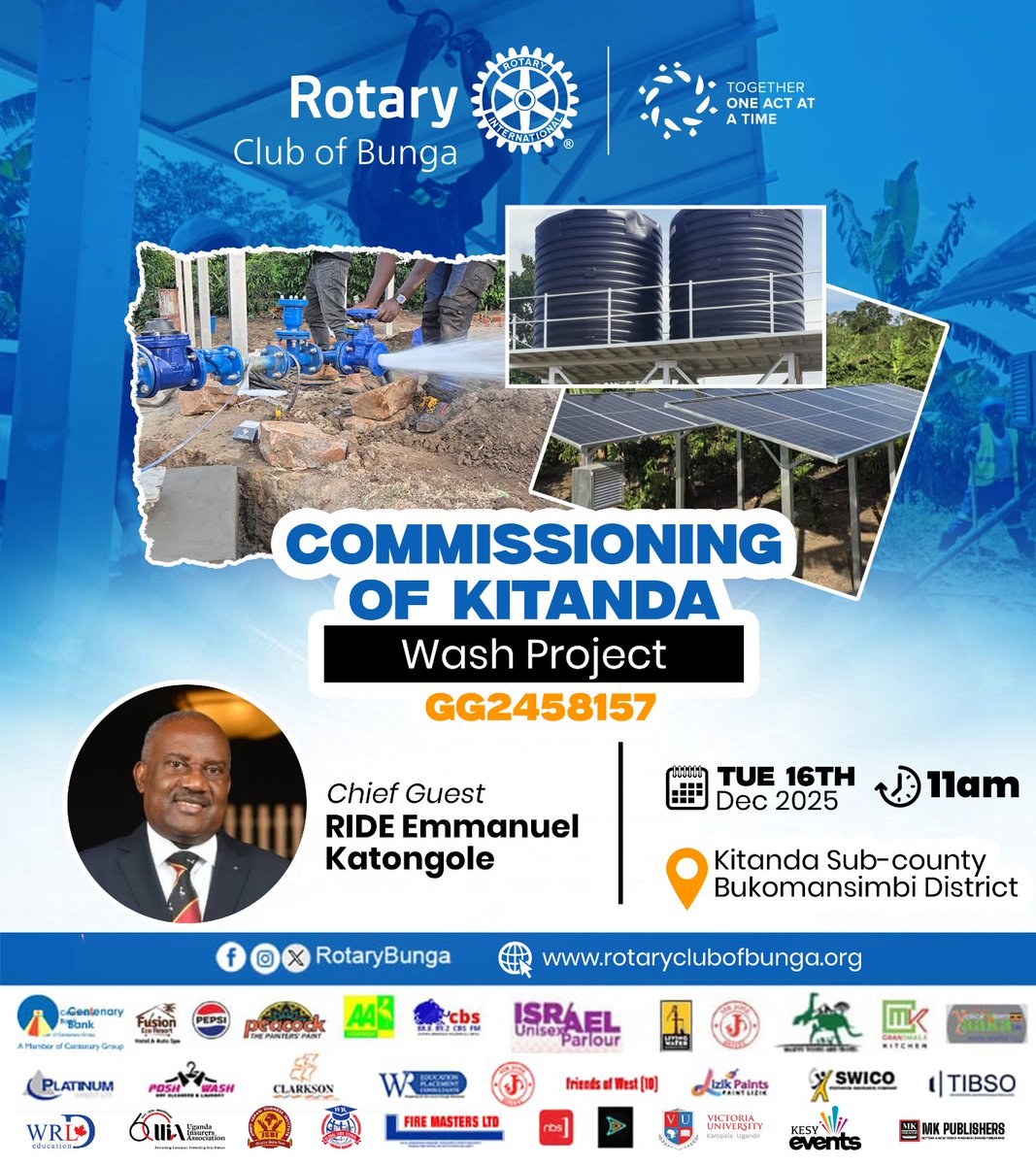 RotaryBunga's tweet image. ROTARY CLUB OF BUNGA INVITES YOU!

Join us for the Kitanda WASH Project Commissioning, bringing clean water and brighter futures to the community.

🗓 16th Dec 2025 | ⏰ 11AM
Kitanda Sub-county, Bukomansimbi with
 RIDE Emmanuel Katongole.
#RotaryBunga #WASHProject #PeopleOfAction
