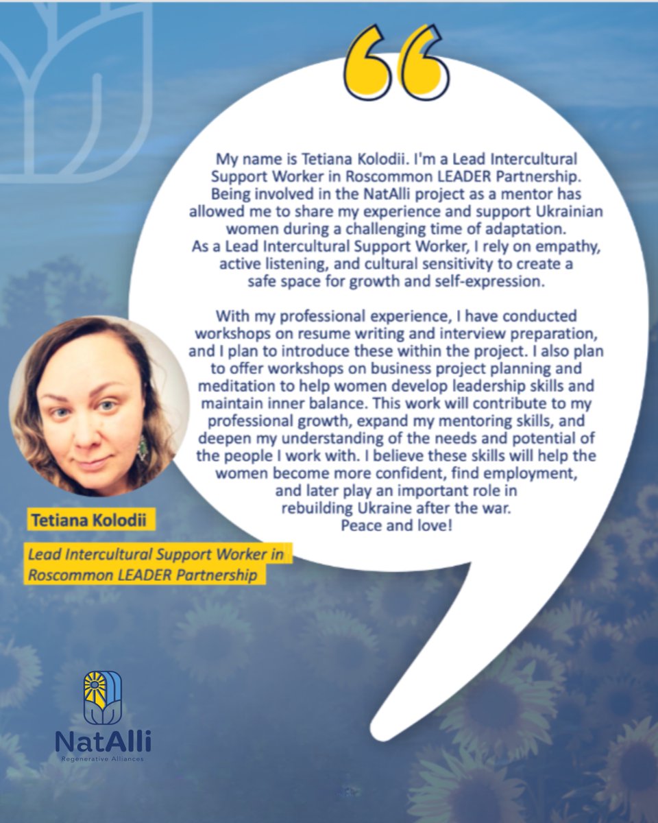 Nat_AlliEU's tweet photo. Meet Tetiana Kolodii, Lead Intercultural Support Worker at Roscommon LEADER Partnership and NatAlli mentor, who helps Ukrainian women build confidence, find balance, and prepare for new opportunities. https://t.co/knv0k8d2zt