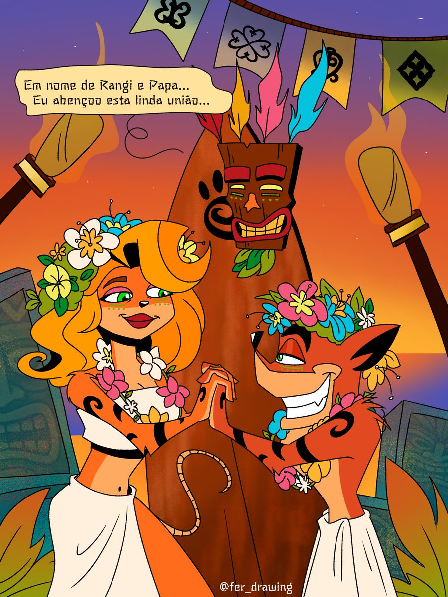 fer_drawing's tweet image. Crenças sao tao lindas, percebi que o casamento tradicional ocidental não combina nem um pouco com a atmosfera de #CrashBandicoot que tem uma forte presença da antiga religião da Polinésia, principalmente pela existência do Aku Aku e outros espíritos. 
#fanart #alternative #art