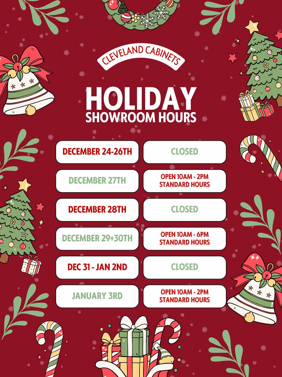 CLEcabinets's tweet photo. ‘Tis the season for Holiday Hours! 🎁🌟
Thank you for supporting our small business this year — we’re grateful for every one of you! 
#ClevelandCabinets #HolidayHours #ClevelandDesign  #CabinetryDesign #HomeRenovation #ShopLocalCLE #HolidaySeason #CLEHomes https://t.co/lS85gUSoHN