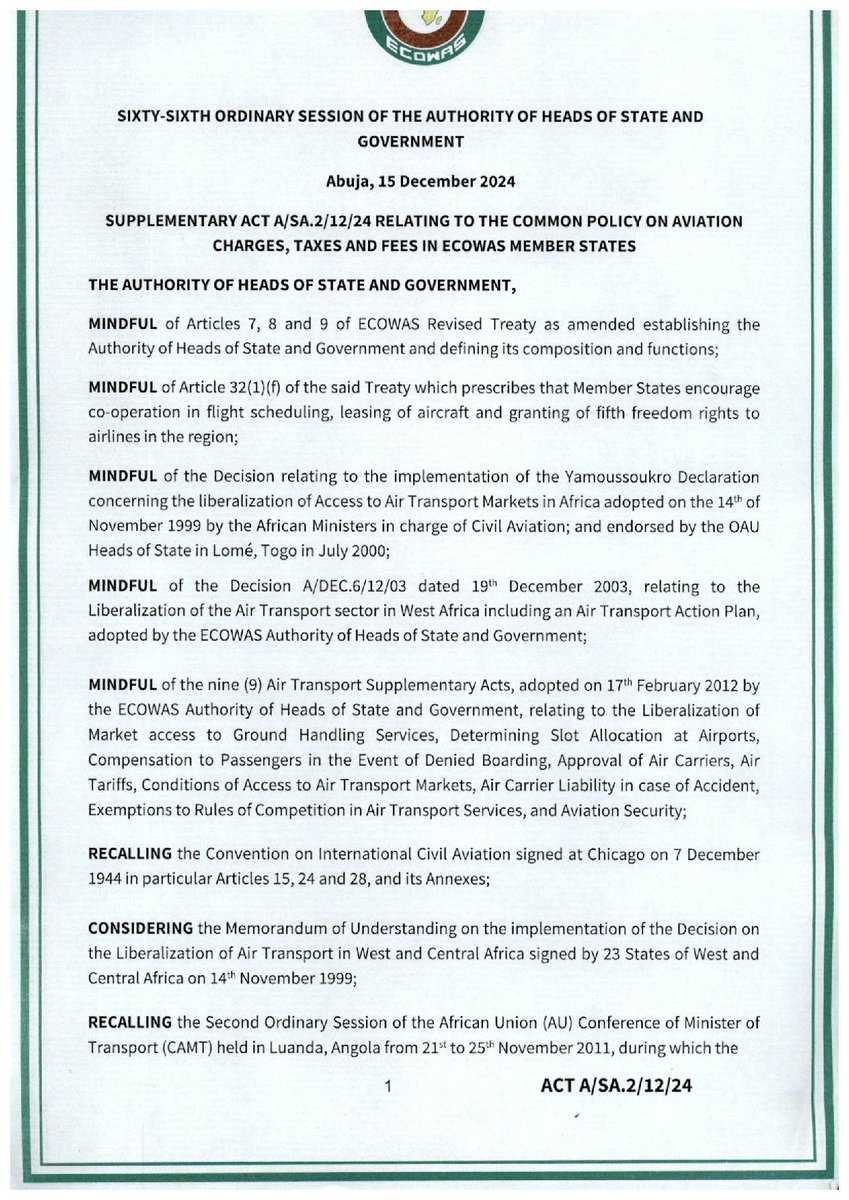 ecowas_cedeao's tweet image. ECOWAS adopts measures to reduce Air transport taxes and charges and lower the cost of air travel in west Africa, from 1st January 2026

The Heads of State and Government of the Economic Community of West African States (ECOWAS), at their December 2024 Summit in Abuja, adopted a…