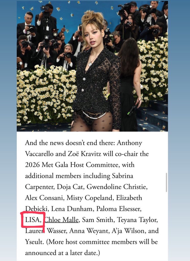 Alinaa27_vn's tweet photo. #LISA will co-chair the 2026 Met Gala Host Committee!!!!! 🔥🔥🔥

@wearelloud @voguemagazine https://t.co/L6p1eD4cp2